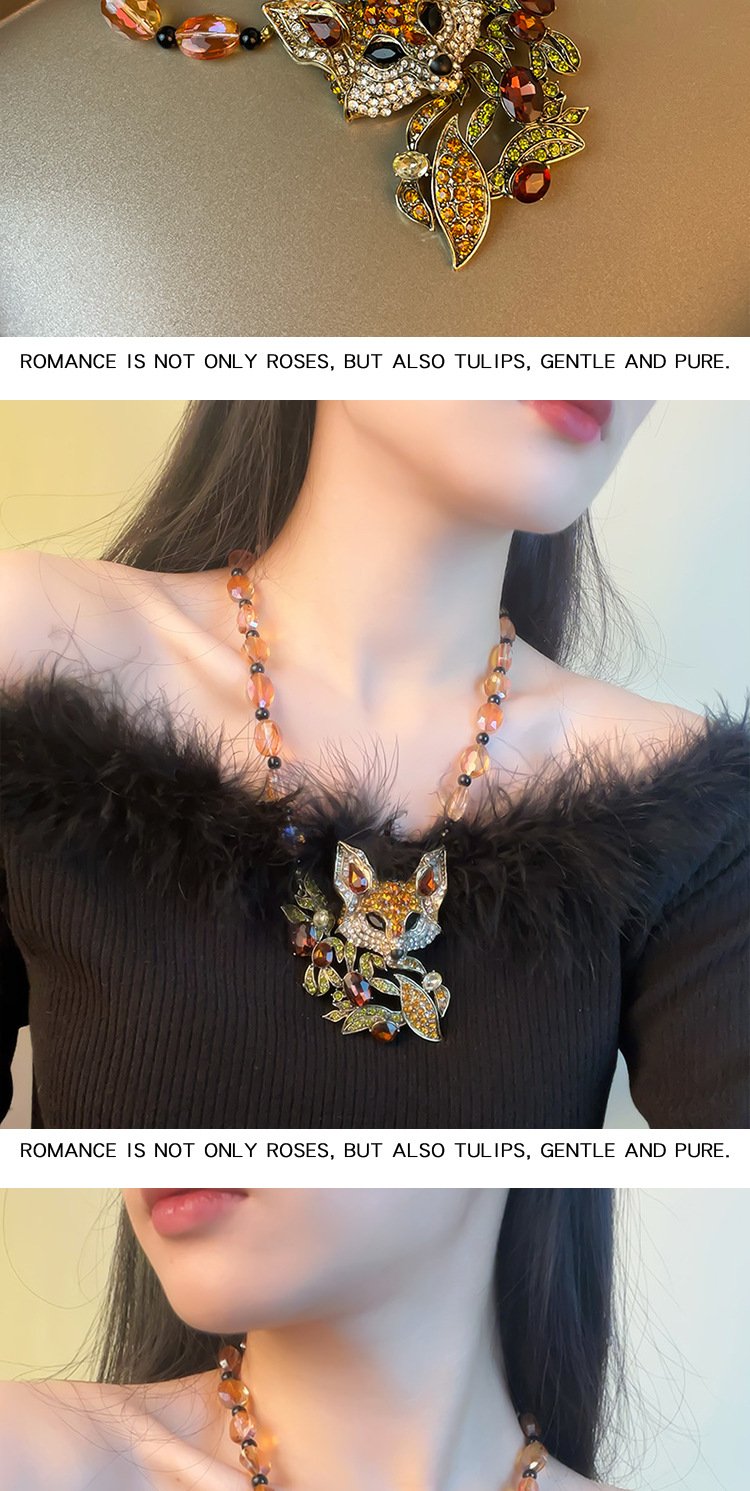 Exaggerated Diamond Studded Personalized Necklace, Three-dimensional Unique Crystal Neck Decoration, Cute Little Fox Sweater Chain Accessories_voghion.com