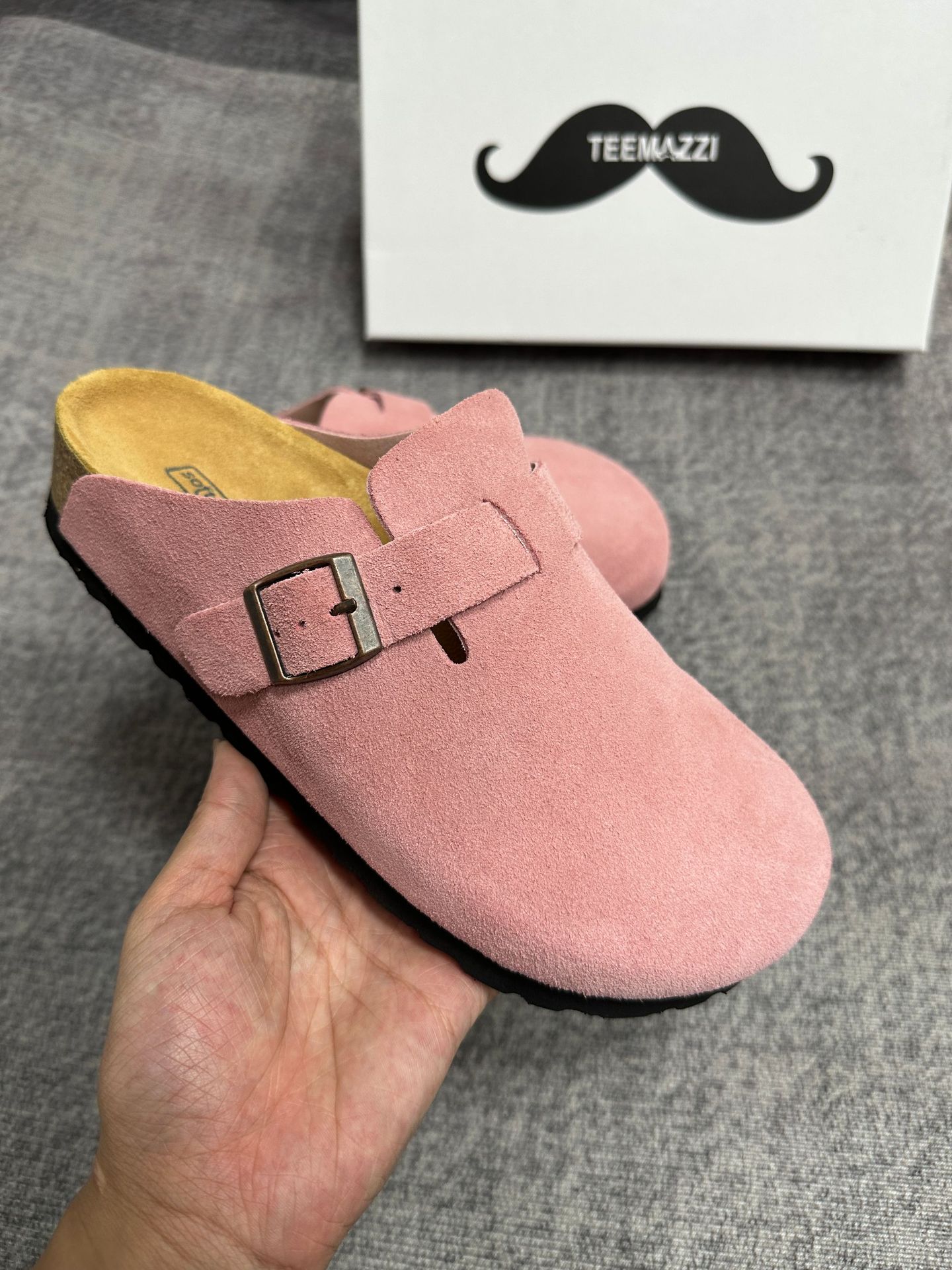 TEEMAZZI ganado de vello con zapatillas de cuero perezosas, zapatillas de moda versátiles con base de corcho Bocken image 17