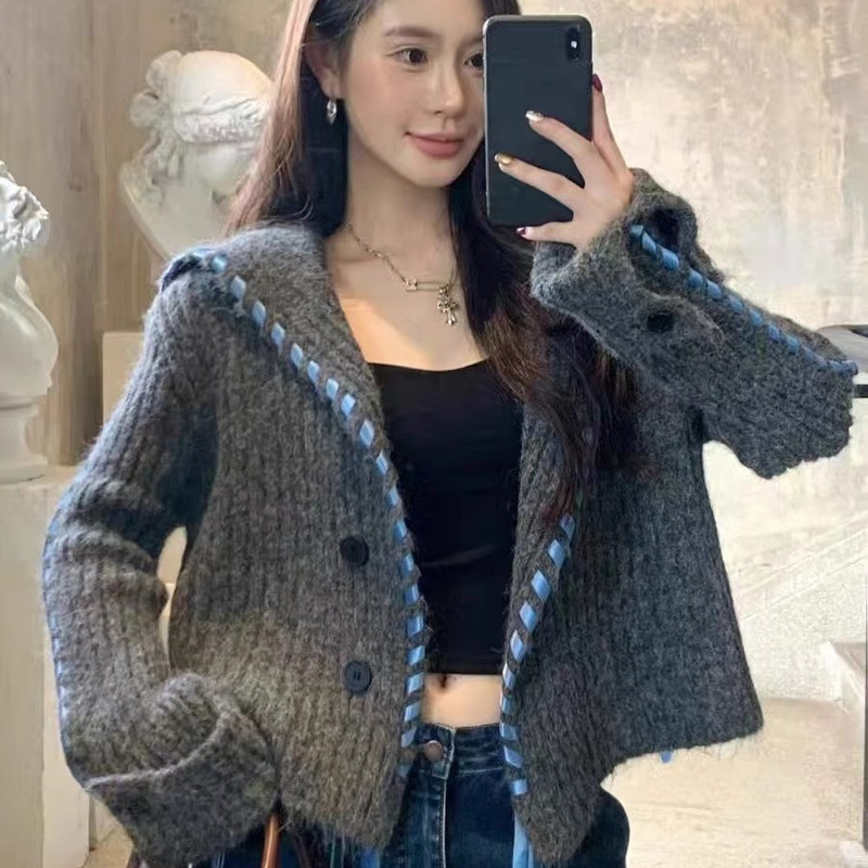 设计感飘带大翻领毛衣外套女秋季2025新款少女感显瘦灰色针织开衫|undefined