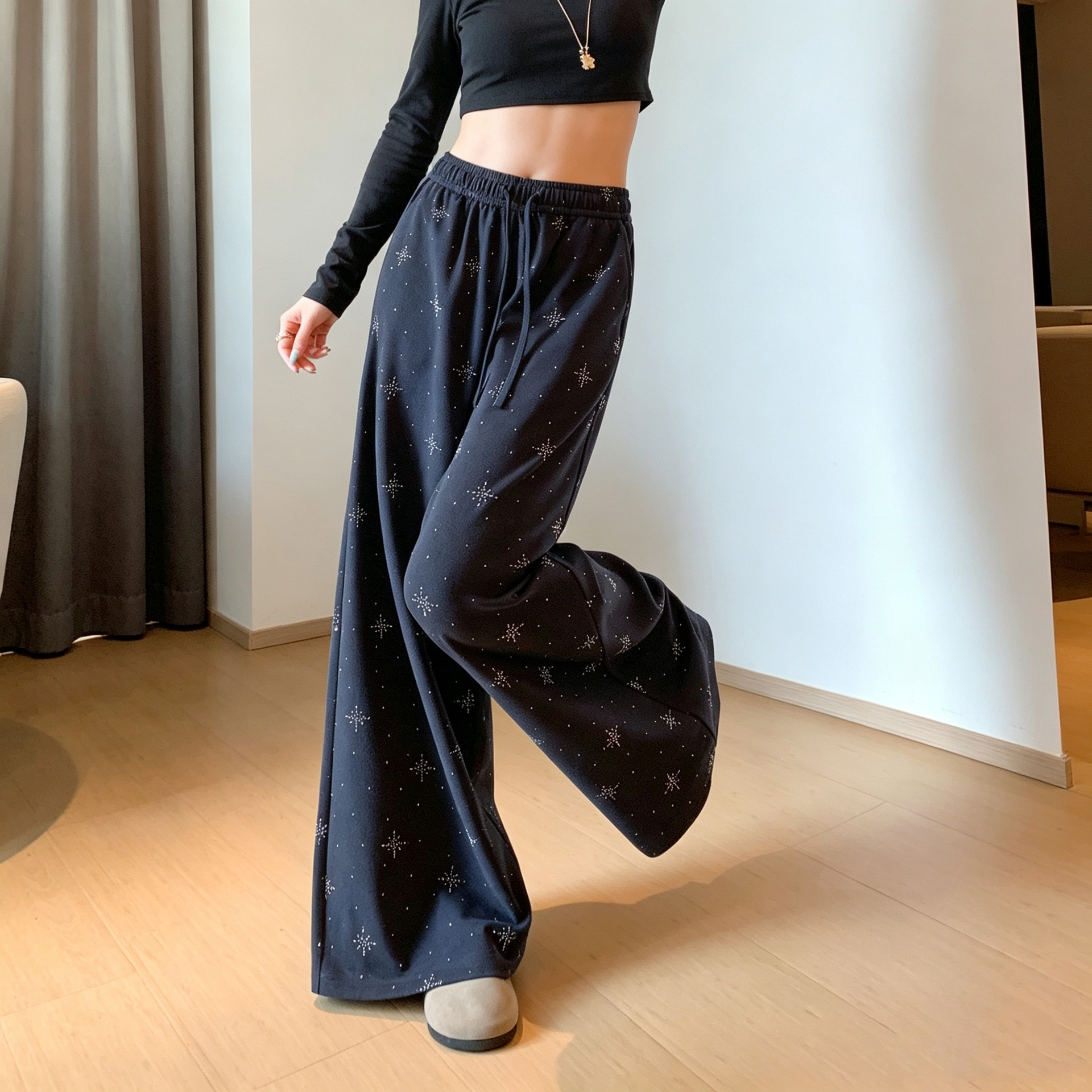 藏青色烫钻卫裤女2026春秋季新款宽松垂感镰刀运动高腰显瘦阔腿裤