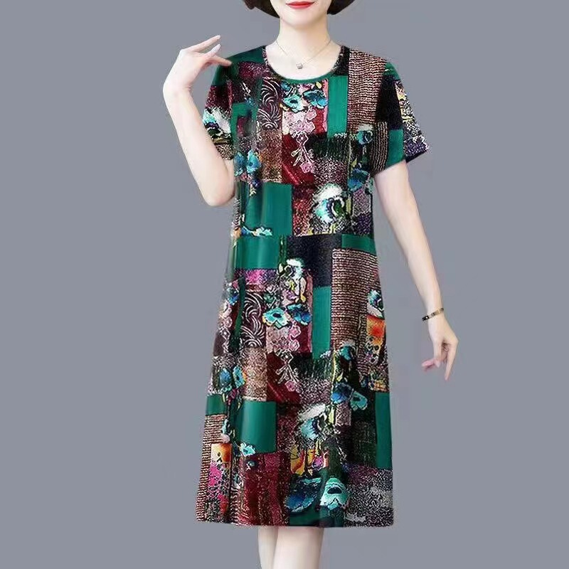 100kg Fat Mom Short Sleeve Dress Middle-Aged Mom 2025 Summer New Large Size Loose Belly Covering Mid-Length Skirt 100kg Fat Mom Short Sleeve Dress Middle-Aged Mom 2025 Summer New Large Size Loose Belly Covering Mid-Length Skirt