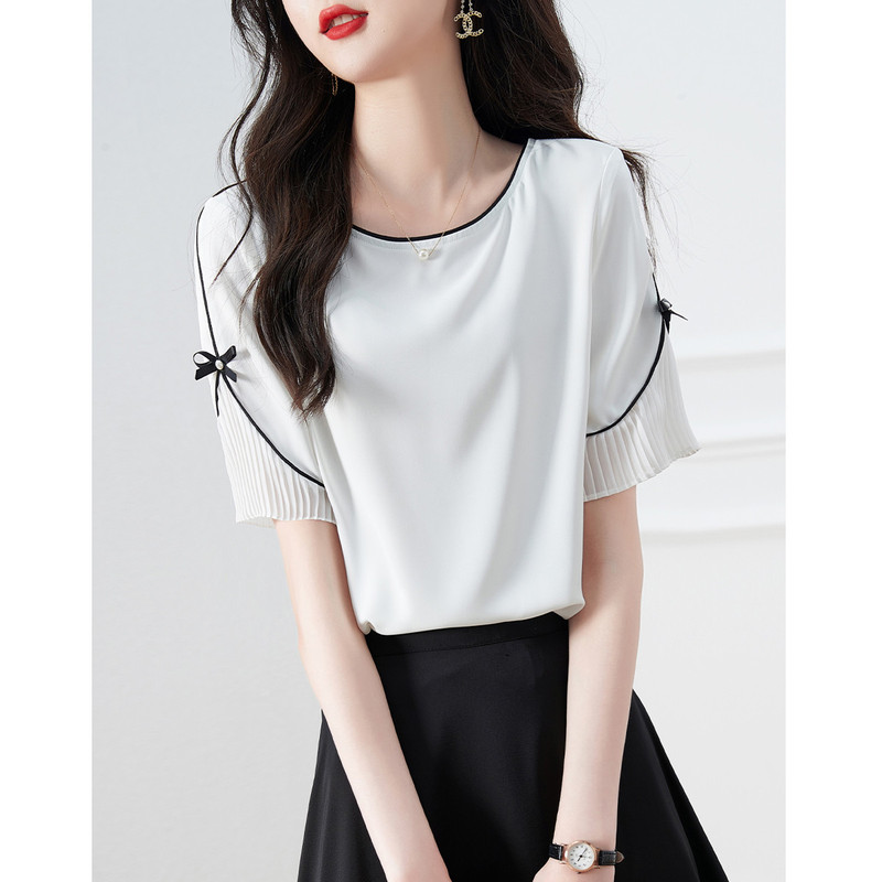 Elegant pleated stitching bow round neck shirt for women early spring new western style contrast color edge professional versatile shirt thin