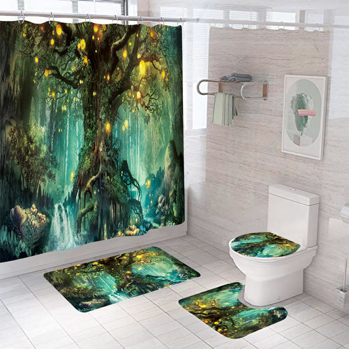 Bathroom Curtain Polyester Waterproof Shower Curtain Set 3D Printed Mountain Water Shower Curtain Bathroom Partition Bathroom Four-piece Set