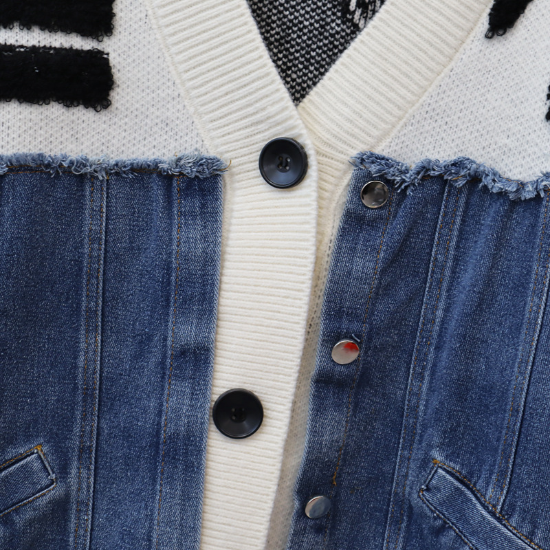 Damenbekleidung 2024 Herbst und Winter neue Patchwork-Denim-Strickjacke lockeres lässiges Design farblich passende Lazy-Pullover-Jacke für Damen_voghion.com