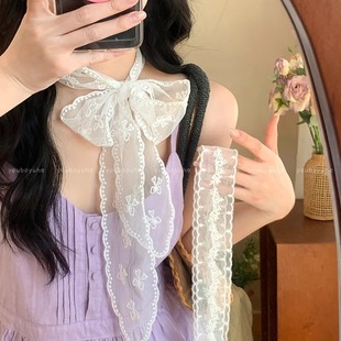 Korean White Lace Ribbon Silk Scarf for Women 2025 New High-End Lace Neck Chain Sweet and Gentle Accessories