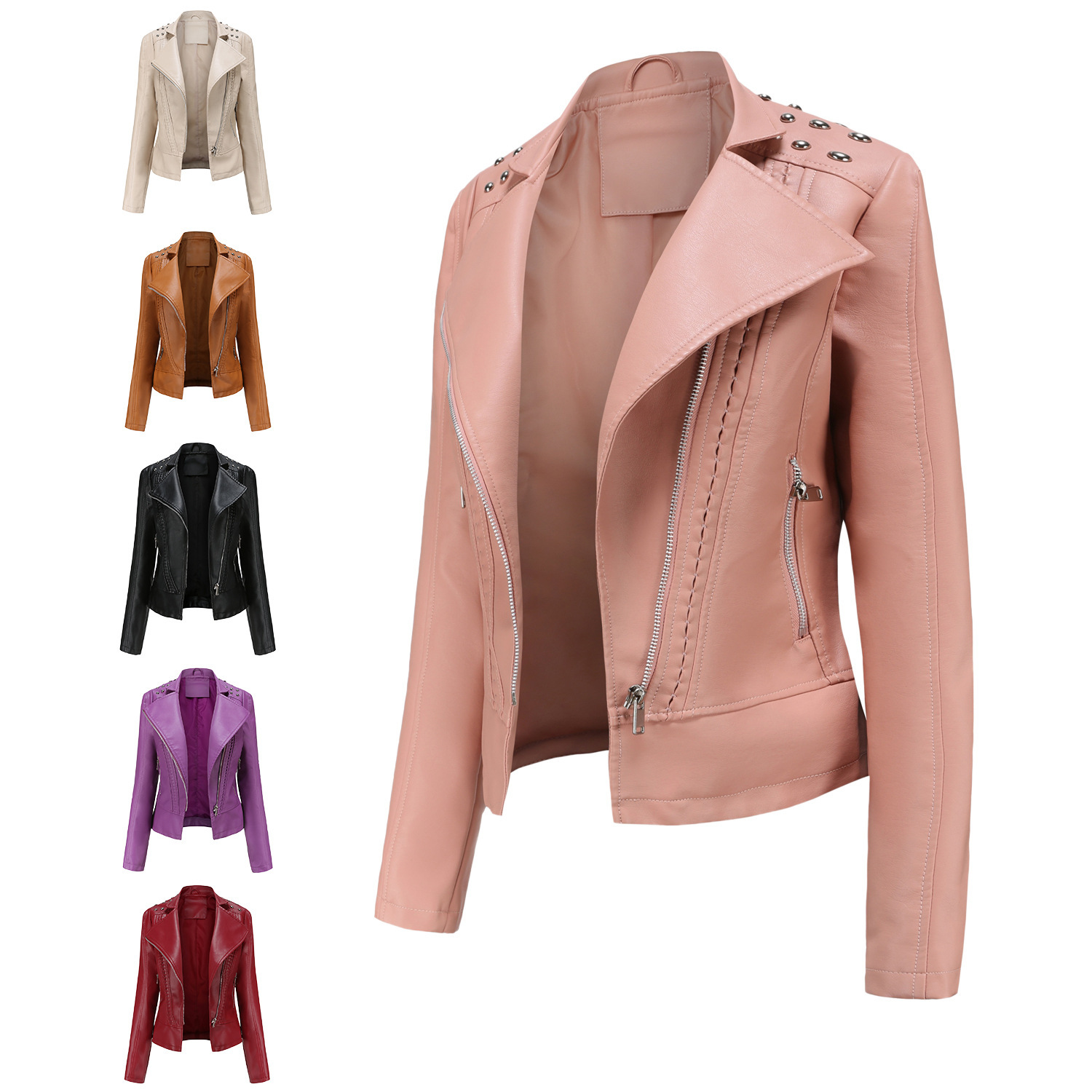 European Size Women's Beaded Leather Jacket Long Sleeve Fashion Jacket Turn-Down Collar Motorcycle Jacket Thin Spring Autumn Women's Jacket 2023