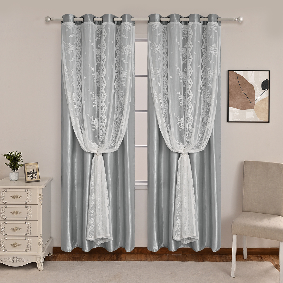 Nuevo transfronterizo de tres filas de flores de doble cortina de sombra cortina de sala de estar dormitorio cortina terminada al por mayor TEMU