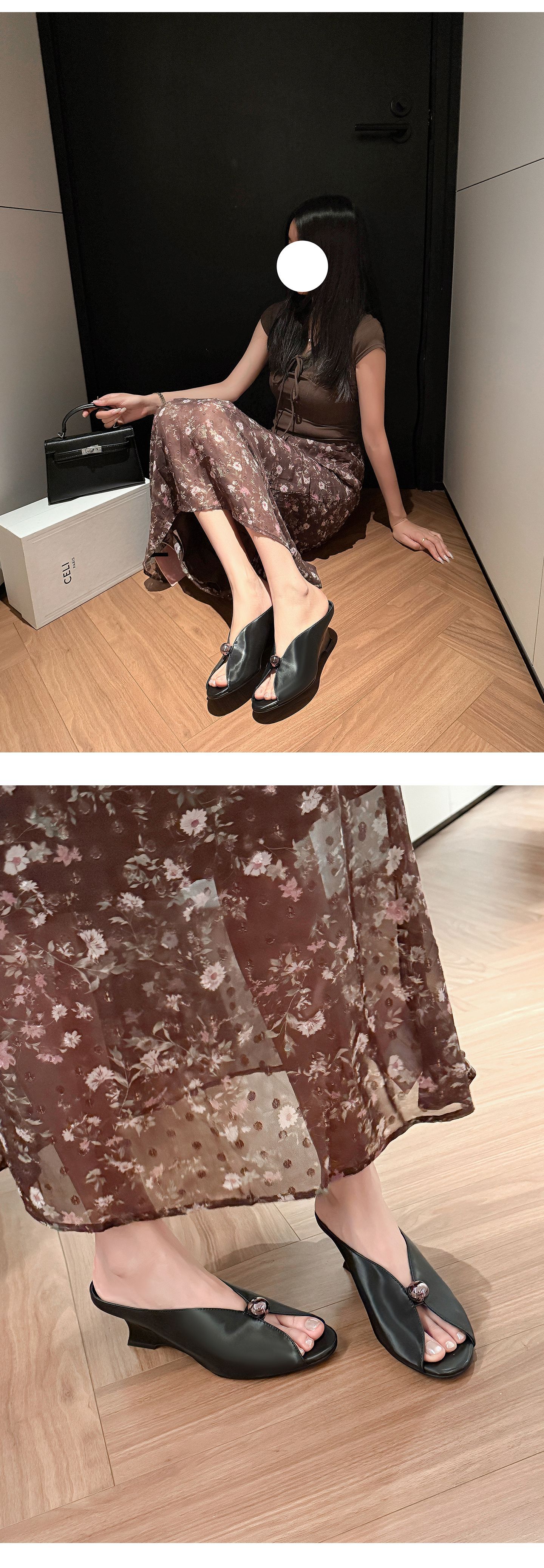 Sandal cao gót nữ hở mũi phong cách Chanel, gót xuồng 7 cm, quai ngang, đi biển hè — màu đen, màu hồng, màu trắng chi tiết 20