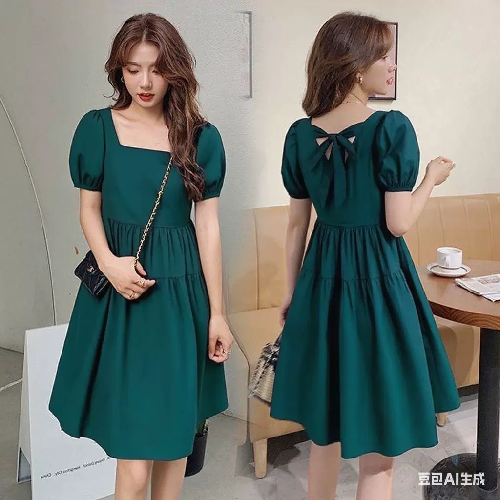 连衣裙女2025夏新款韩版中长款法式宽松方领赫本风蝴蝶结裙子显瘦