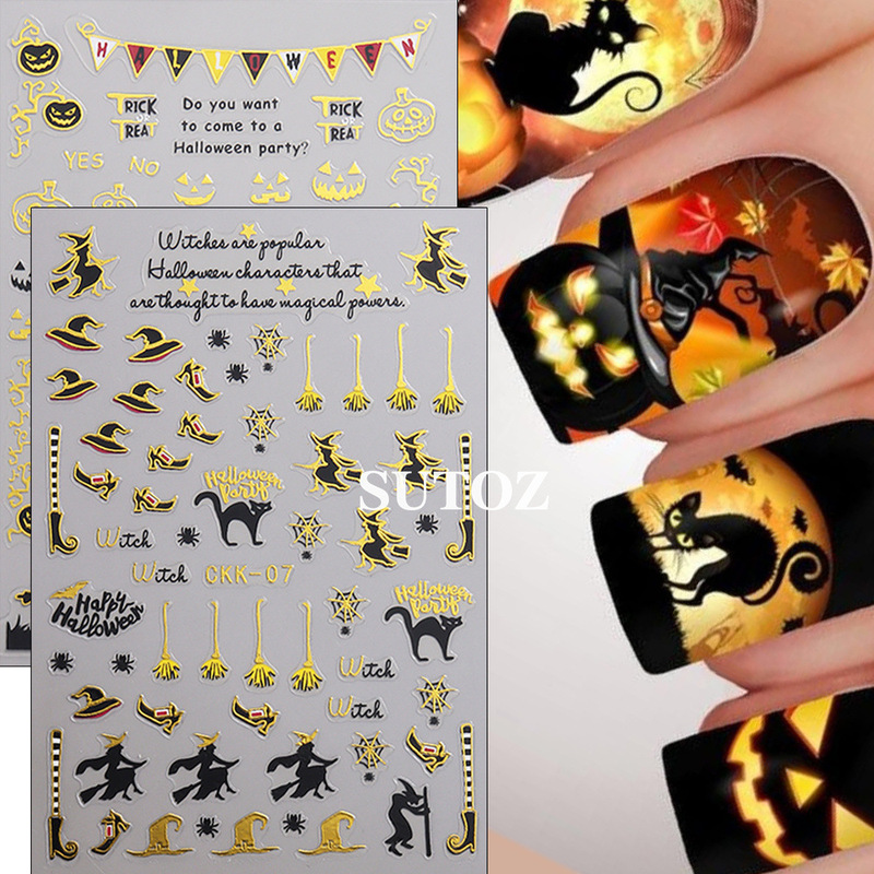 Cross-Border New Halloween Nail Art Stickers Ins Hot Stamping Witch Skull Spider Web 3D Adhesive Nail Stickers Wholesale