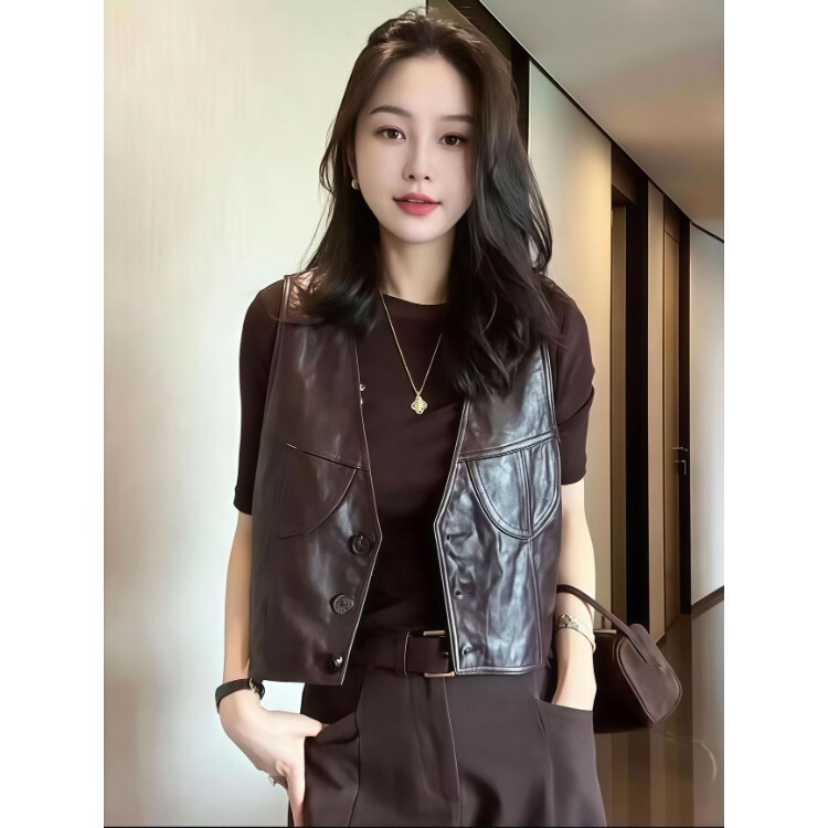 2026 Spring and Autumn New Fashionable and Stylish Retro V-Neck Leather Vest for Women, Versatile and Slimming Short Design 2026 Spring and Autumn New Fashionable and Stylish Retro V-Neck Leather Vest for Women, Versatile and Slimming Short Design