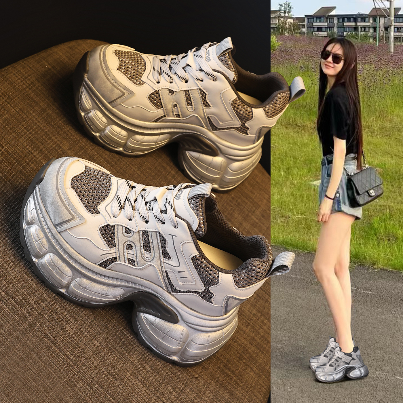 Giày sneaker nữ chunky đế dày mặt lưới thoáng khí, phong cách thể thao — màu trắng