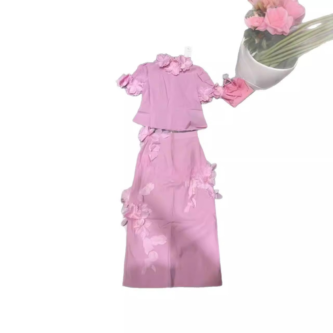 New Summer Seaside Vacation Pink Sweet Dress Suit Puff Sleeves Fashionable Small Dress Skirt Can Be Worn On Weekdays_ecoleips.com