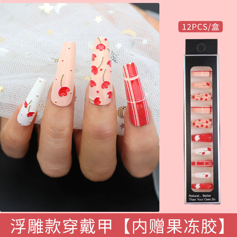 Uñas largas desmontables parches de uñas falsas comercio exterior productos terminados de manicure de novia en relieve parches de uñas