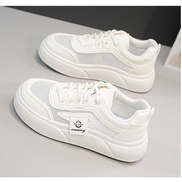 Cadillac cocodrilo zapatos de malla para mujeres 2024 verano nuevo estilo coreano de malla gruesa de suela transpirable zapatos blancos para mujeres