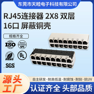 RJ45 connector 2X8 double layer 16 port shielded copper shell with shrapnel without LED lamp 8P2C