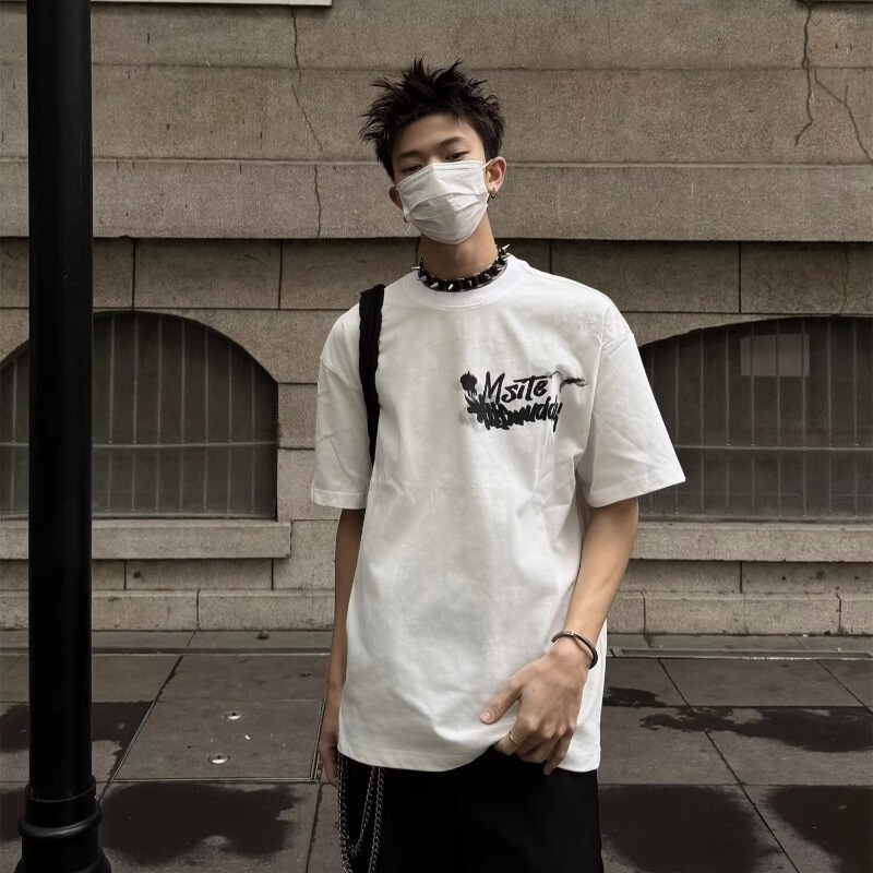 American Retro Smoke Fuzzy Letter Design Short-sleeved T-shirt Men's and Women's Style Summer Sports Casual Ins Top Trendy