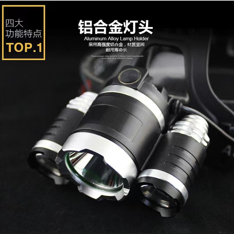 Cross-Border linterna de iluminación montada en la cabeza de 3 cabezas LED de luz fuerte Faro de carga Super brillante luz al aire libre de largo alcance