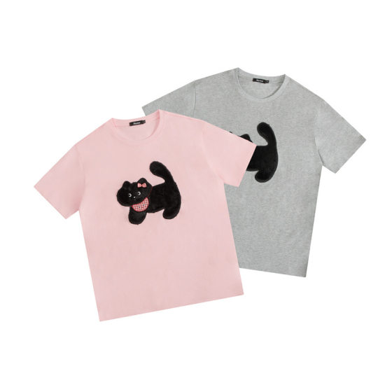 Nariele 2025 Rabbit Hair Paste Embroidered Cat Loose Crew Neck Short Sleeve T-Shirt Female Fun Couple Top INS