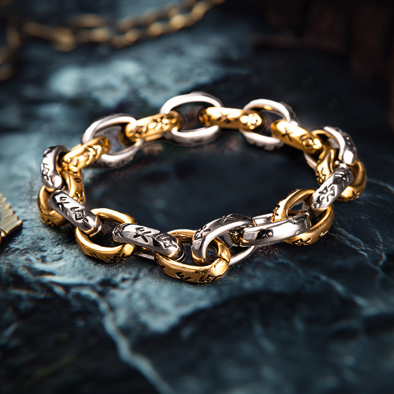 Scandinavian Seven Worlds Branded Men's Bracelet Personalized Retro Trendy Titanium Steel Rune Letter O Chain Mix and Match Fashion Accessories