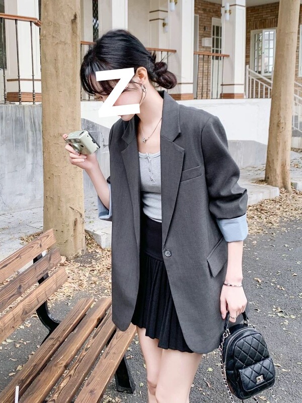 拼接灰色西装外套女早春季2025新款韩系感轻熟风流行休闲西服|undefined