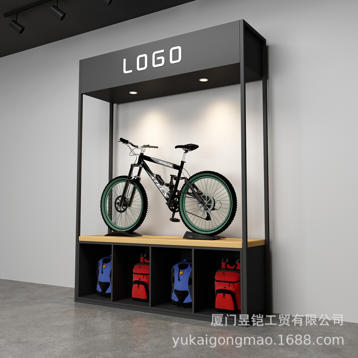 Estante de exhibición de deportes de bicicleta al aire libre Estante de exhibición de ropa de marca Estante de piso para artículos deportivos Diseño de dibujo