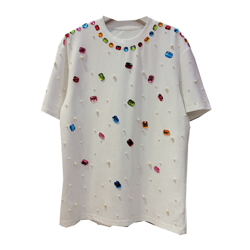 Camiseta de Manga Corta con Pedrería y Cuentas Cuello Redondo