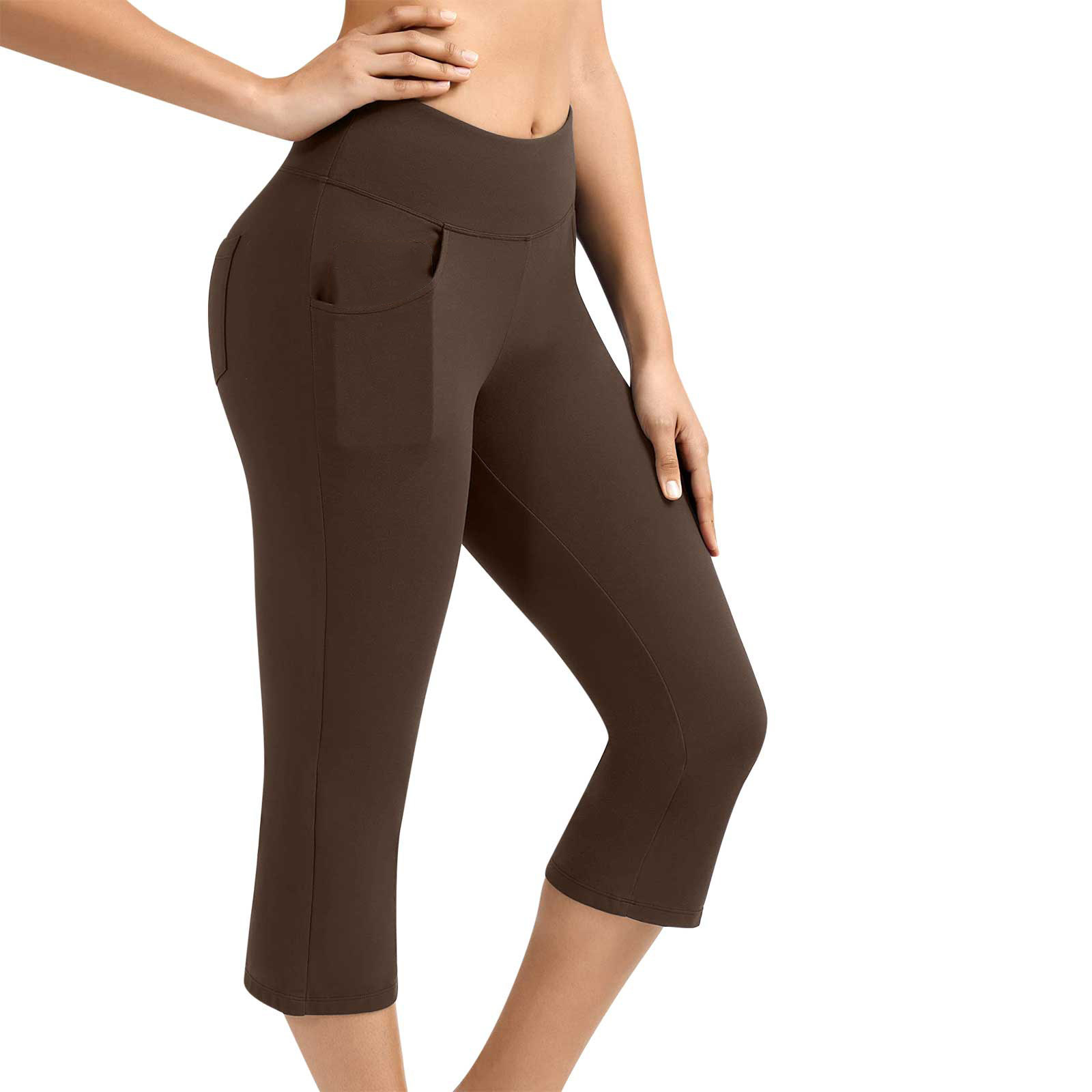 Neue Yoga-Hose für Damen, einfarbig, Vordertasche, hohe Taille, aufgesetzte Tasche hinten, Hip-Lift, Sport-Caprihose_voghion.com