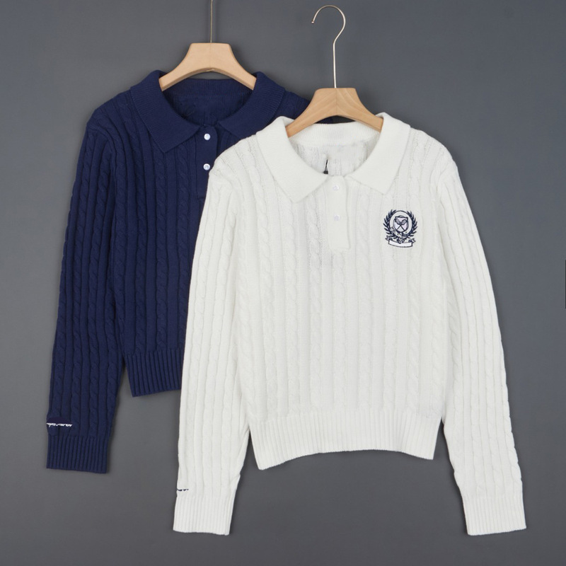 2026 Embroidered Chunky Knit Cotton Cable Knit Polo Collar Casual Long Sleeve Sweater 268-4