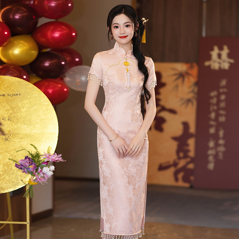 粉色立领新中式改良旗袍敬酒服小个子年轻款出阁嫁衣回门便装长款|undefined