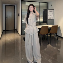 通勤气质高级感套装女2025夏季新款老钱风V领短袖衬衫+高腰阔腿裤