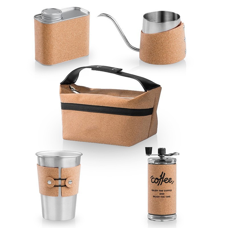 Inventario al por mayor camping al aire libre mano set de café de corcho mano máquina de café taza de café cafetera