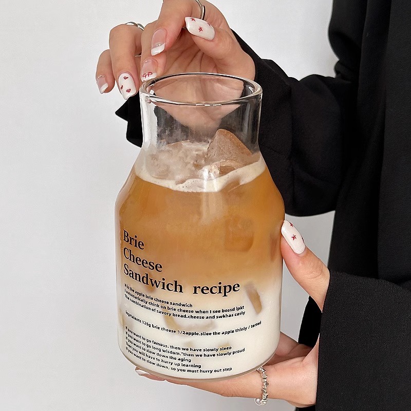 Ins Style Glass Household Drinking Cup Simple Letter Cold Extract Coffee Cup Large Capacity Bubble Tea Suction Cup