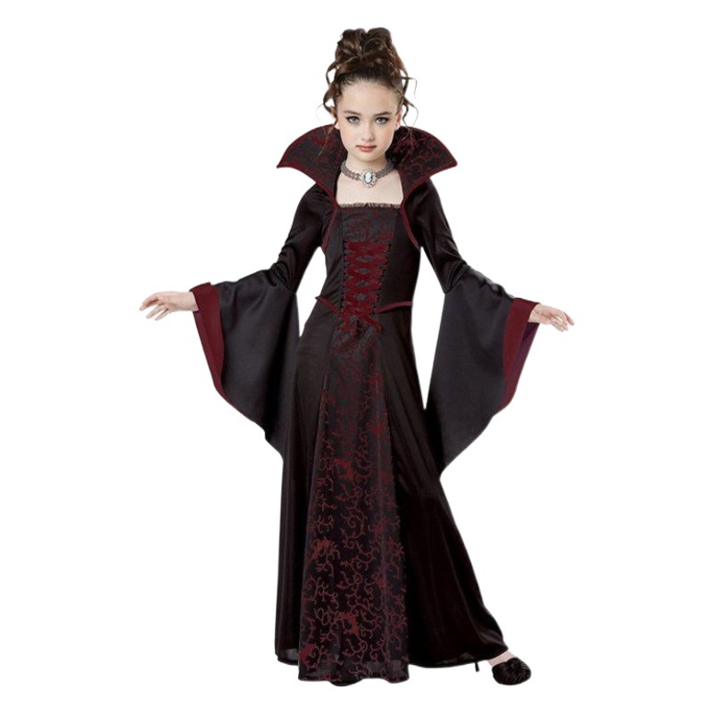 Nuevo europeo y americano medieval retro encaje-up soporte collar campana manga impresa vestido de los niños vestido traje una generación