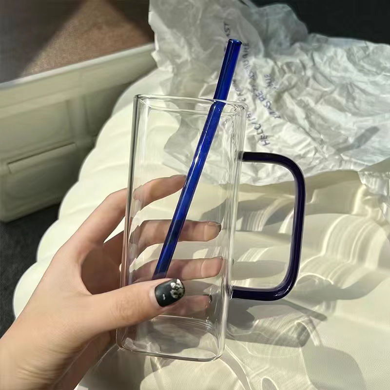 Taza de vidrio cuadrada con mango de color Taza de jugo de leche Taza para el hogar simple transparente Taza de agua de vidrio de borosilicato