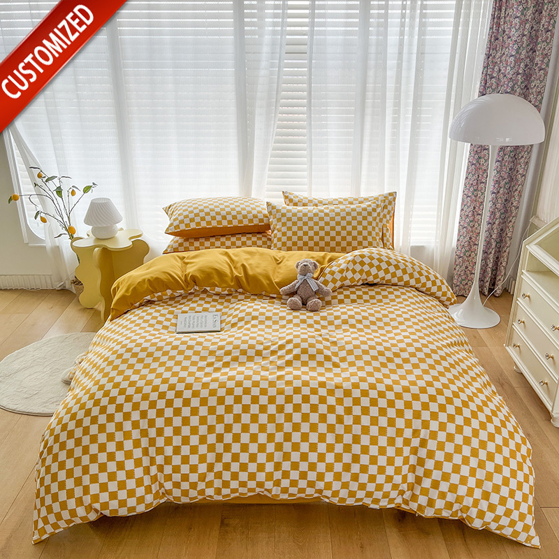 Juego de sábanas de algodón lavado cepillado de cuatro piezas, estilo primavera y otoño, color liso sencillo, juego de cama de alta gama, lujo personalizado al por mayor.