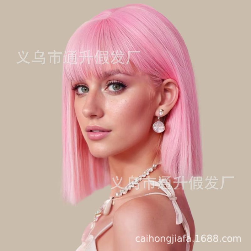 欧美外贸出口假发女齐肩bobo头化纤机制齐刘海短发全头套一件代发|undefined