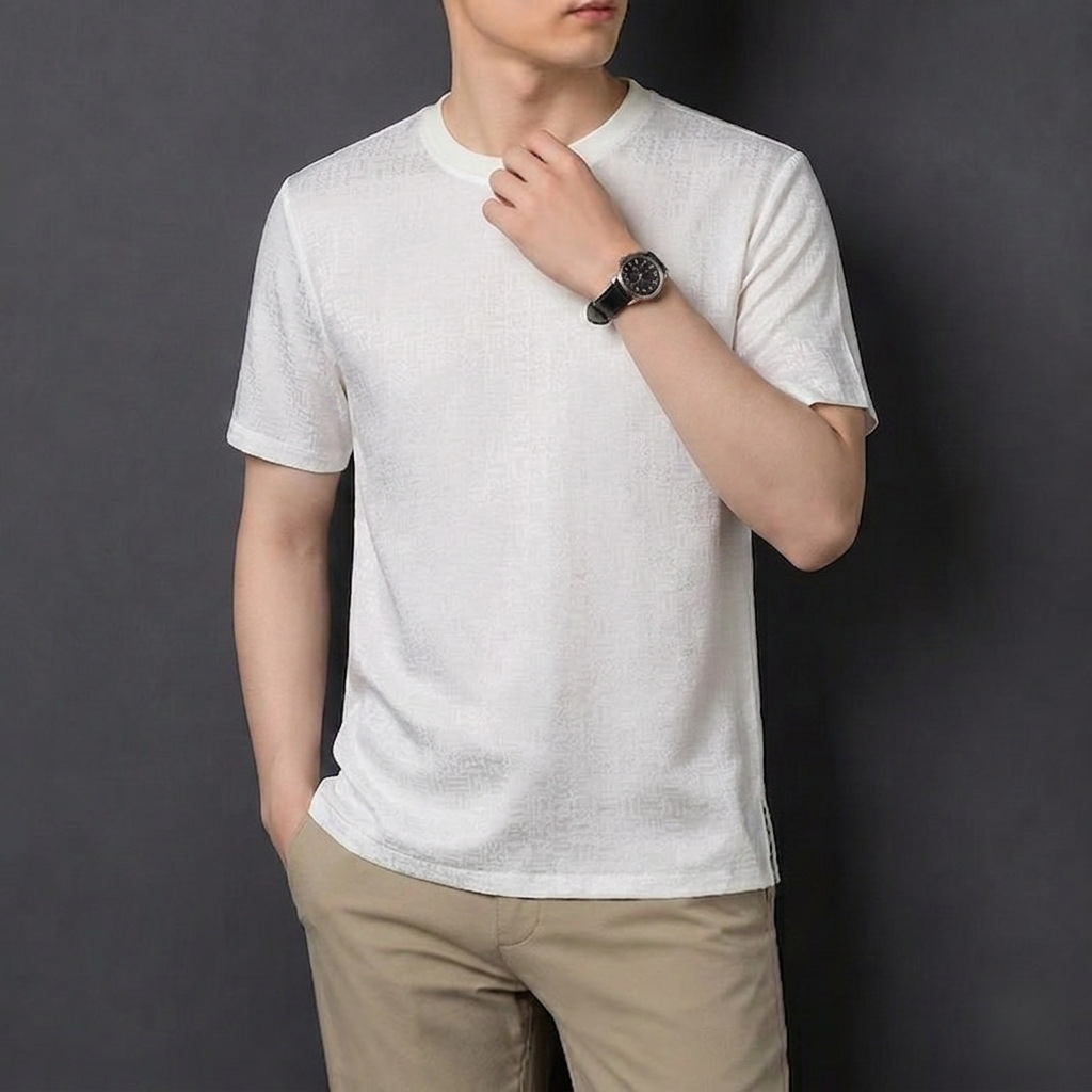 Áo thun nam tay ngắn lụa Mulberry Silk mùa hè, phong cách trẻ trung thoáng mát — Trắng 8876
