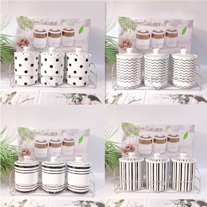 Simple nuevo tarro de condimento de cerámica estante de hierro de tres piezas de almacenamiento tarro de cocina de almacenamiento sellado tarro condimento tarro de caramelo