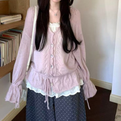 慵懒软糯抽绳V领显瘦针织开衫+无袖蕾丝吊带背心其它