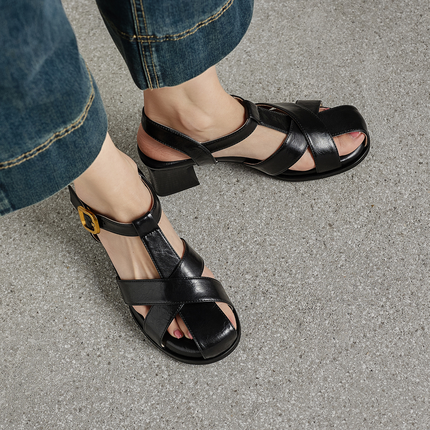 Sandal nữ cao gót quai T dệt kiểu La Mã cổ điển — màu nâu