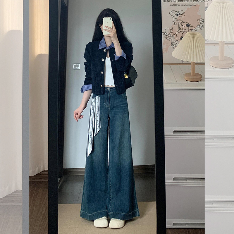 2025 Autumn/Winter New Style Chanel-Inspired Fashion Navy Blue Tweed Shoulder-Piece Patchwork Jacket for Women, Slimming Short Top