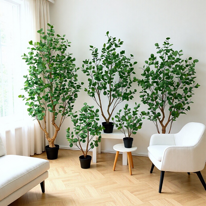 Nordic Style Artificial Money Tree Potted Plant, Indoor Living Room Artificial Green Plant Decoration, Eucalyptus Fake Tree Potted Plant