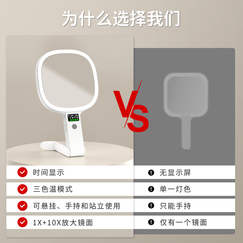 跨境便携手持化妆镜 双面带灯充电款旅行挂墙台式折叠led化妆镜子|undefined