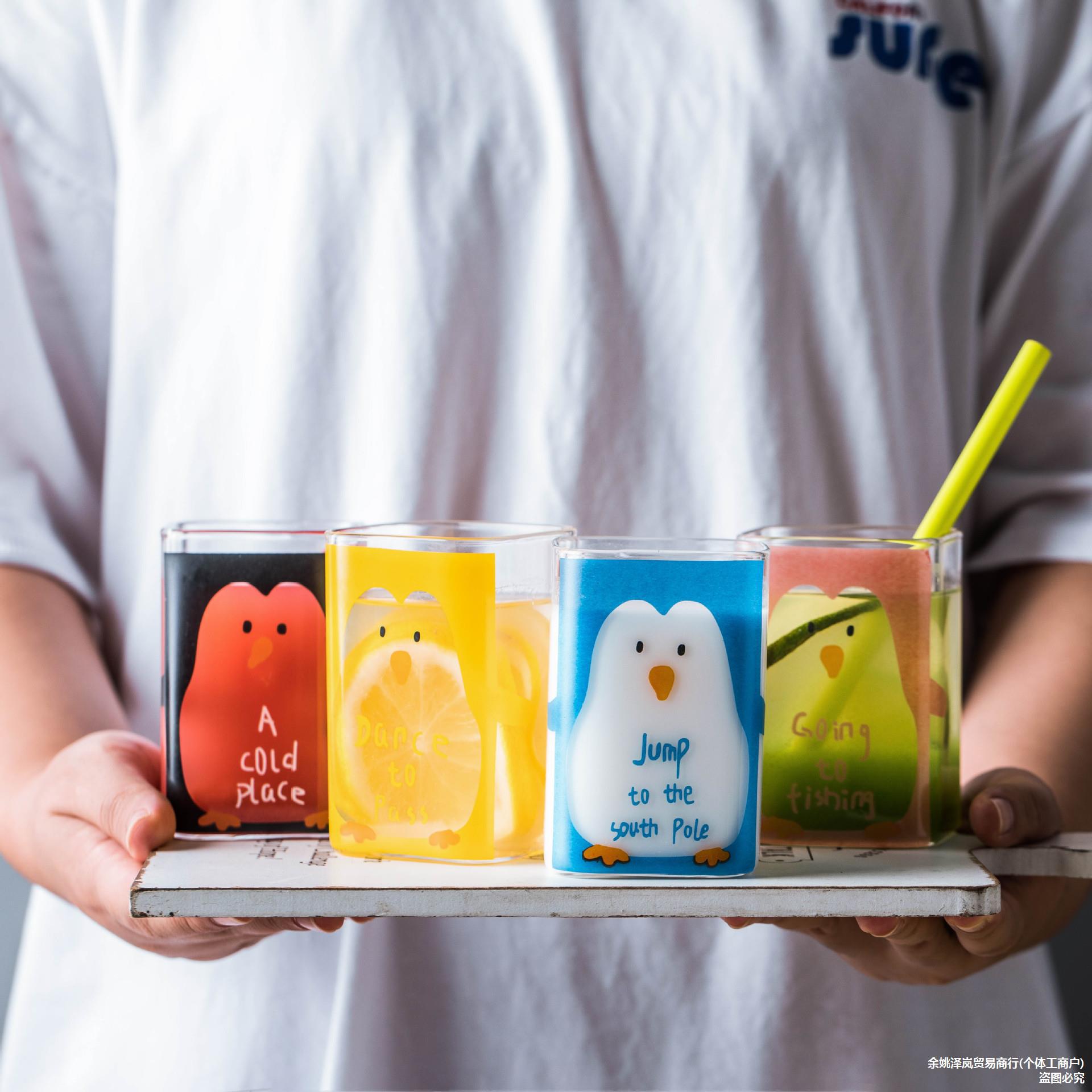 儿童可爱小企鹅小熊方形玻璃水杯玻璃杯牛奶杯耐热微波炉可用
