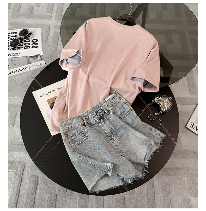 Women's Clothing Sweet Fashion Casual Suit For Women Summer New Round Neck Printed Embroidered T Shirt Loose Denim Shorts Two Piece Suit Trendy_ecoleips.com