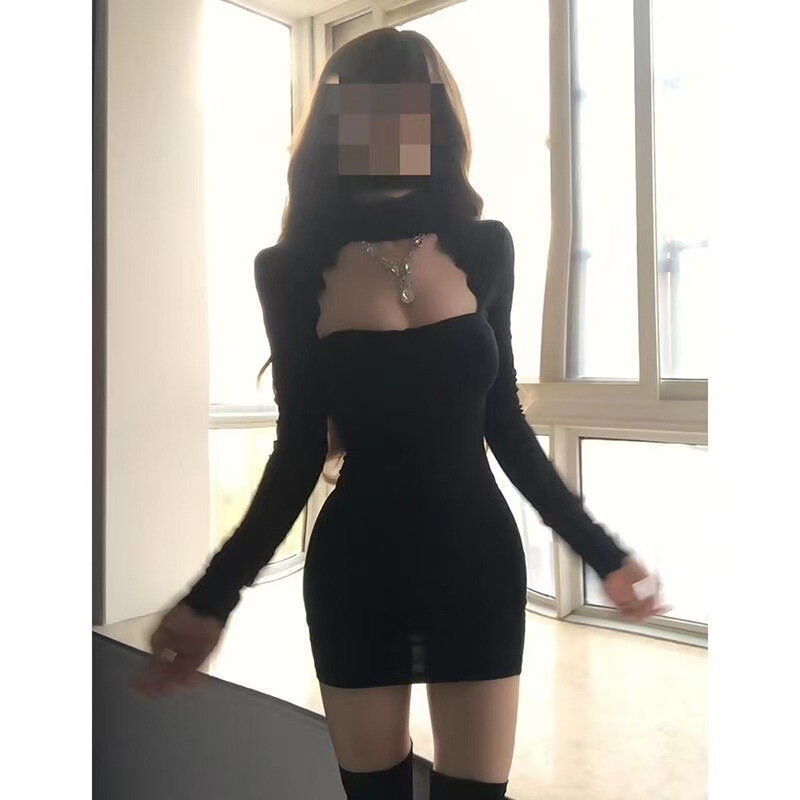Black sexy hollow-out long-sleeve dress, autumn patchwork new lace design, slim-fit, figure-flattering short dress