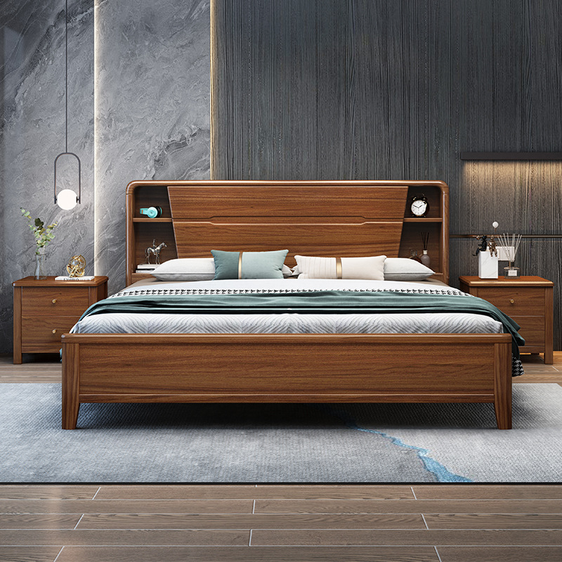 Moderno minimalista cama de madera maciza de nogal 1,8 m cama doble Nordic Luz de lujo 1,5 m dormitorio principal alta caja de almacenamiento cama