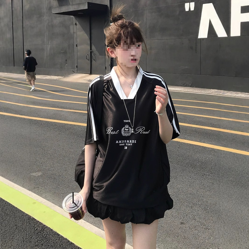 American Retro Glossy Satin Jersey Short-Sleeved T-Shirt Women's Summer Trendy Brand Design Niche Printed Top