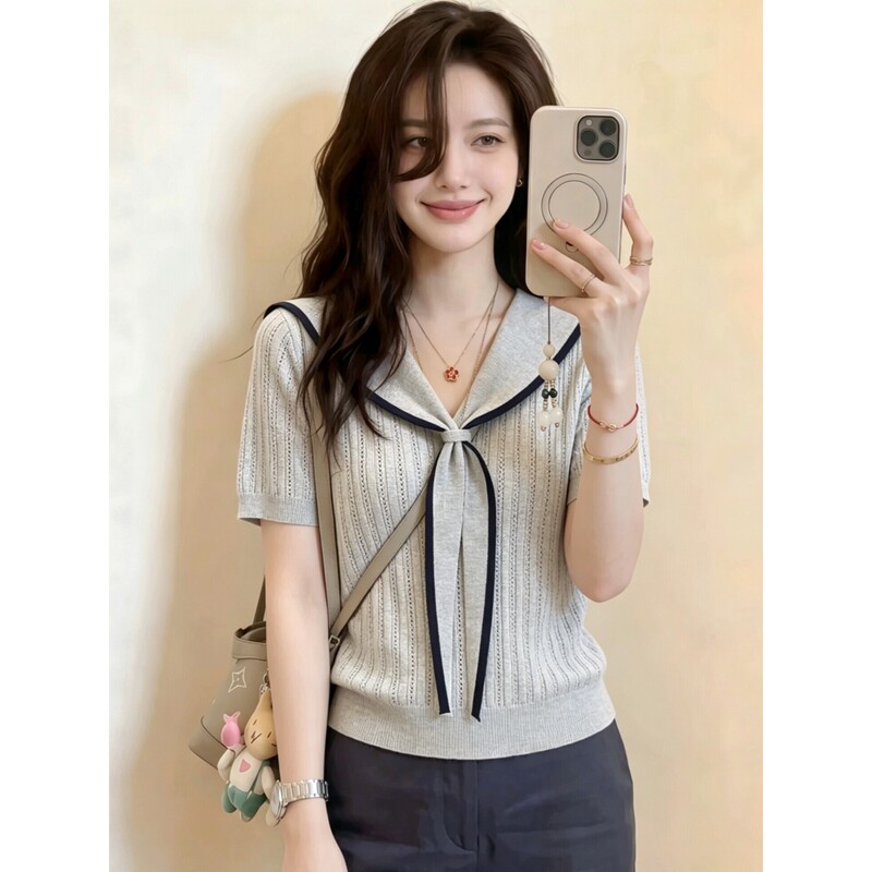 Korean-Style Gentle Fashion~Gray Navy Collar Hollow-Out Knit Short-Sleeve Shirt, Beautiful Thin Casual Versatile Top